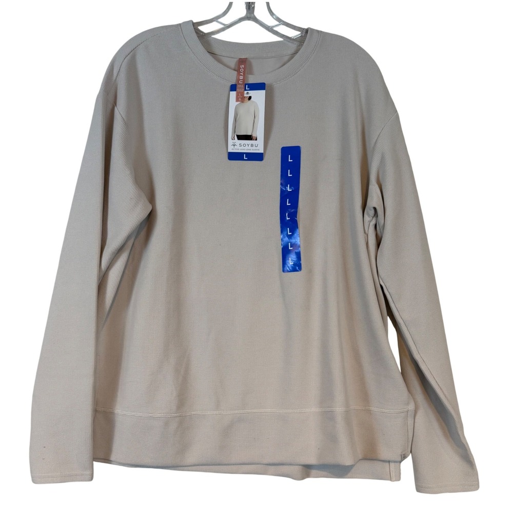 Soybu Active Luxe Long Sleeve Waffle Knit Top Tan Crewneck Thumbholes •L• Layer